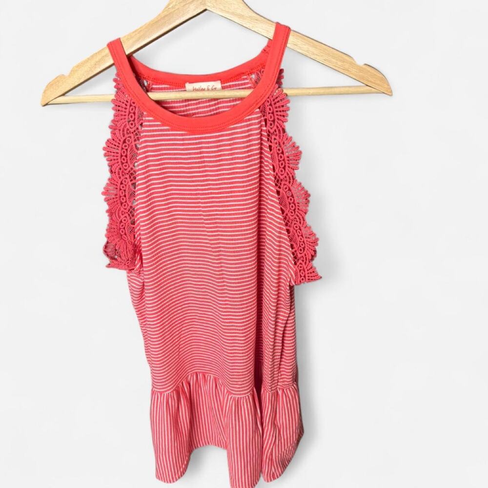 Hailey & Co Coral/White Striped Crochet Lace Trim Peplum Tank Top Women's Size L